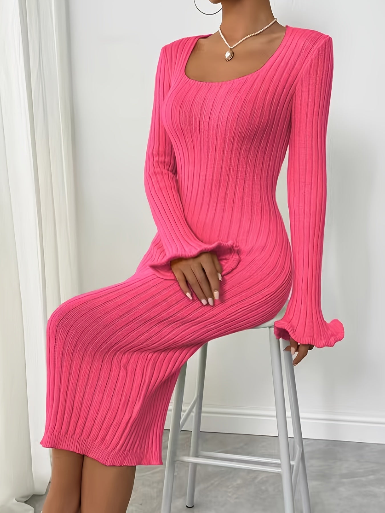Solid Pattern Bodycon Sweater Dress - Acrylic Blend, Elegant Ribbed Knit, Middle Eastern Style, Lettuce Trim Fluted Sleeves, Square Neckline